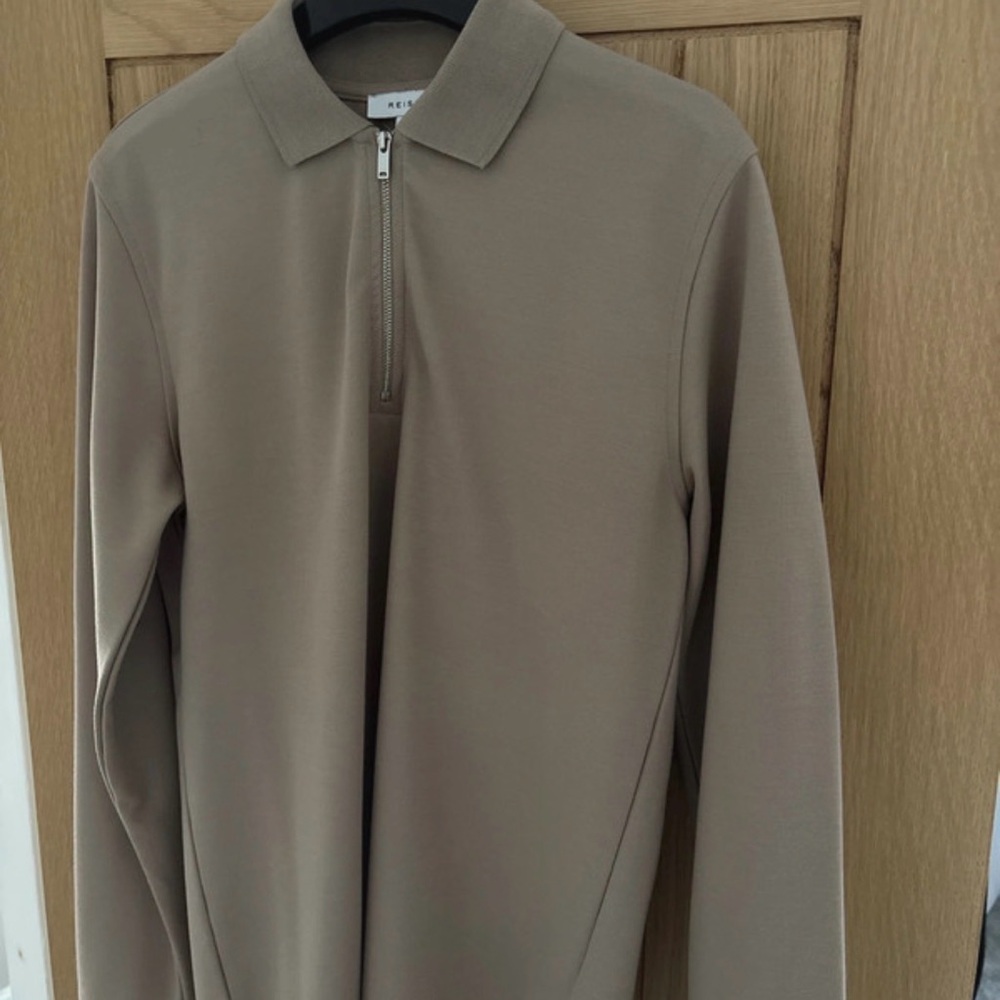 REISS Taupe Long Sleeve Zip Polo Shirt | Slim Fit Knit Top | Size S